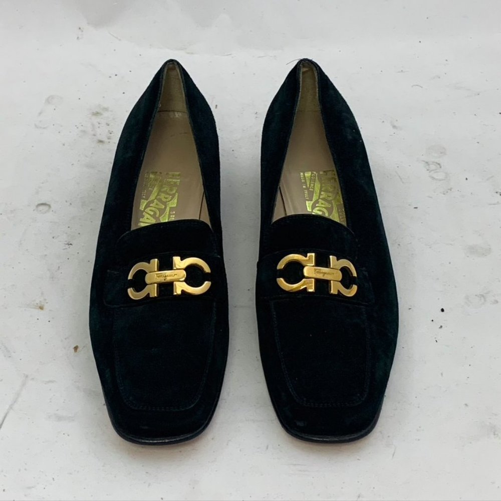 Salvatore Ferragamo Black Suede Gold Tone Monogram